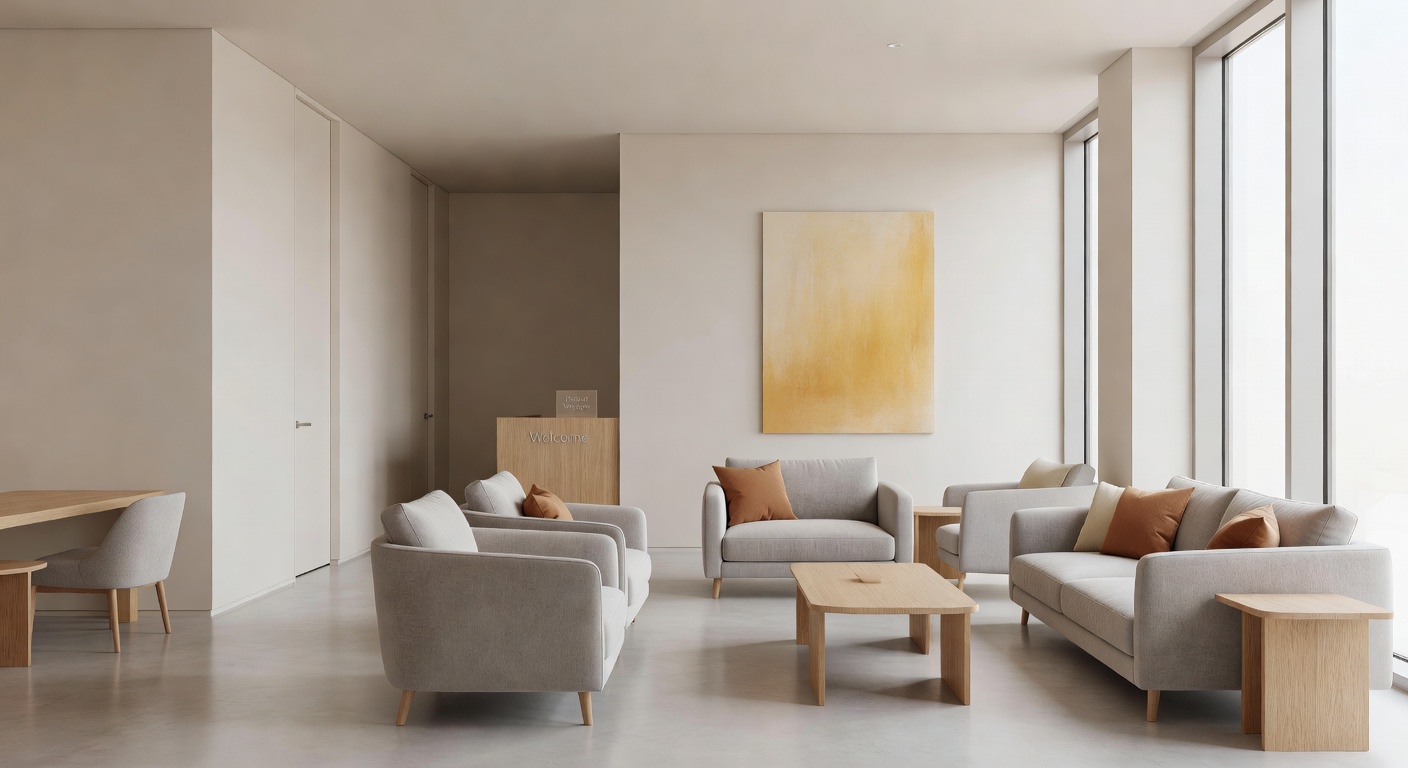 A bright clinic reception with pale timber, comfortable seats and natural light
